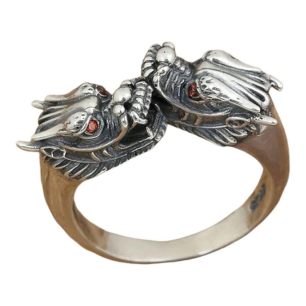 Twin Two Dragons Dragon Ring Sterling Silver  Garnet Eyes size 9